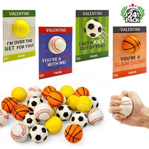 Stress Ball Valentines Day Cards Gifts for Kids Classroom -24 Pack, Mini Foam Sports Toys with Exchange Cards for Boys School, Valentines Goodie Bag Stuffer Class Treats Prizes for Preschool Toddlers