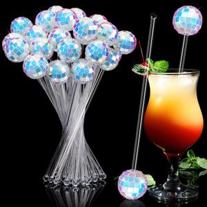 Sawysine 20 Pcs Disco Balls Cocktail Stirrers Plastic Round Top Swizzle Sticks Cake Pops Mirror Ball Coffee Beverage Stirrers for Home Bar Coffee Shop Use (Iridescent)