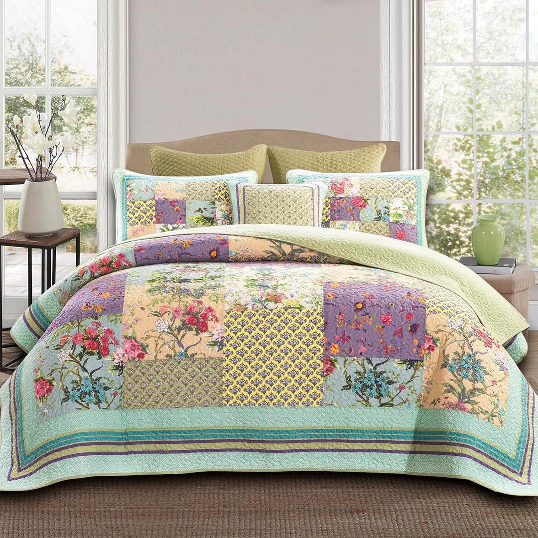 YAYIDAY Oversized Queen Quilt Set Patchwork Bedspreads (110x118 Inch) - 100% Cotton Reversible Breathable Colorful Floral Quilted Coverlet with Pillow Shams for All Seasons