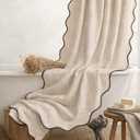 Linen Shower Curtain Beige Cute Black Scalloped Boho Modern Shower Curtains for Bathroom Set, 72" W x 72" L