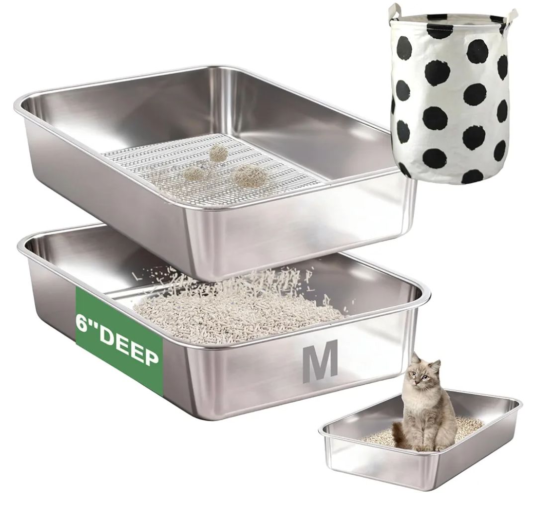 Stainless Steel Sifting Litter Box for Clumping Clay Litter, Large Metal Sifting Litter Pan with Litter Storage Bag,Easy Cleaning-17.7 ''Lx 13.8''W x 6''H