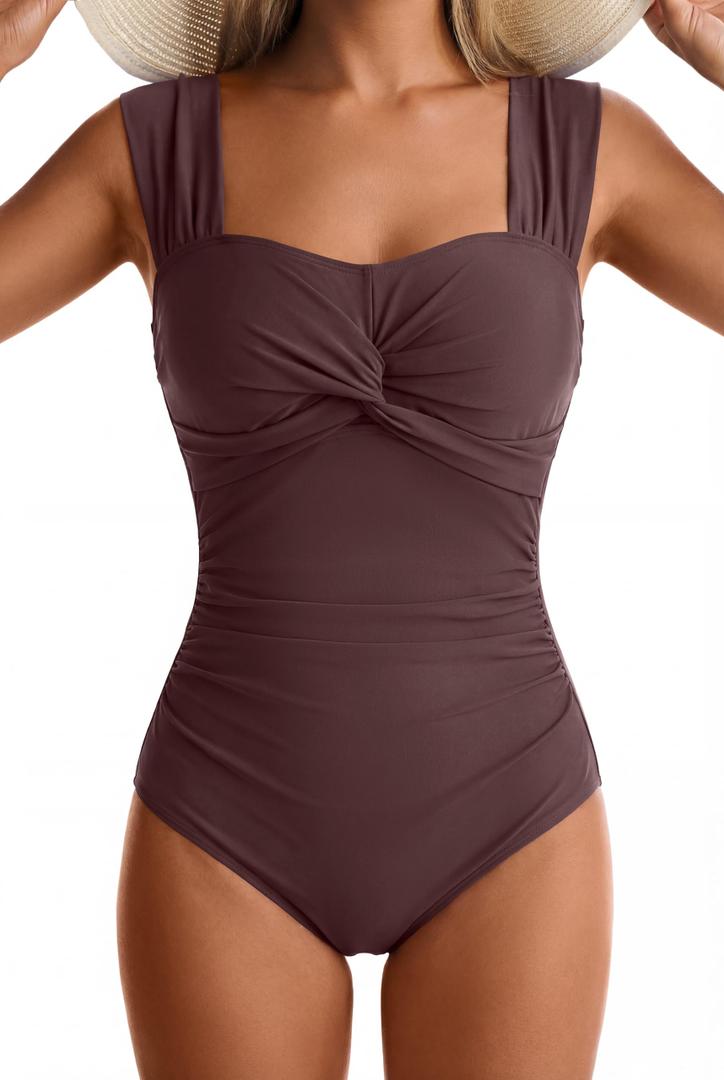 Womens One Piece Swimsuits Tummy Control Twist Front Bathing Suits Full Coverage Swimsuit Wide Straps Swimwear, L