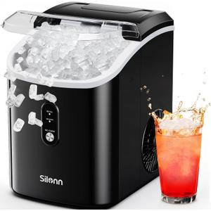 Silonn Nugget Ice Makers Countertop, Chewable Pellet Ice Machine with Self Cleaning Function, Portable Pebble Ice Maker with Ice Scoop for Home Kitchen Office, Black-transparent (33lbs)
