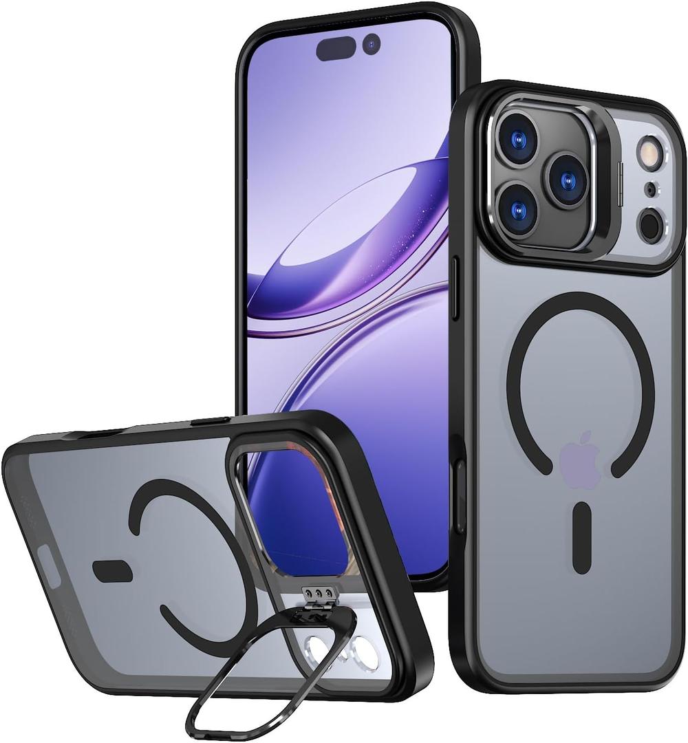 Military-Grade for iPhone 17 Pro Max Case, Built-in Camera Ring Stand, Fits MagSafe, Military-Grade Drop Protection Magnetic Phone Case (Frosted Black, iPhone 17 Pro Max)