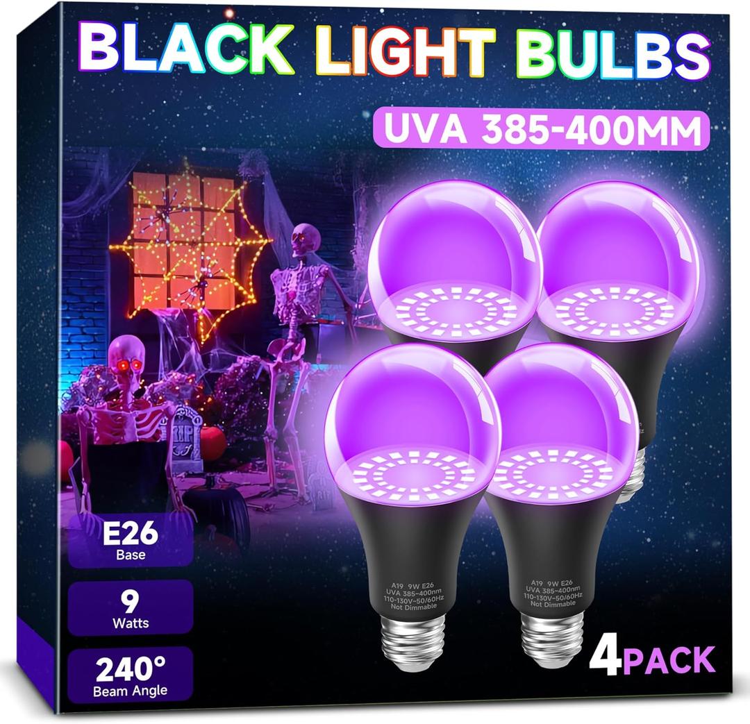 UNILAMP Black Light Bulbs: A19 9W UV Black Light Bulb, UVA 385-400nm, Black Light for Glow in The Dark for Face Body Paint, Blacklights Party, Halloween Decoration, 4 Pack