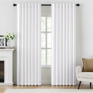 ANRODUO Rod Pocket and Back Tab Pleated Blackout Curtains with Hooks, Rings, White Curtains 96 Inches Long 2 Panels, Thermal Insulated Room Darkening Living Room Bedroom Curtain, 42x96 Inches