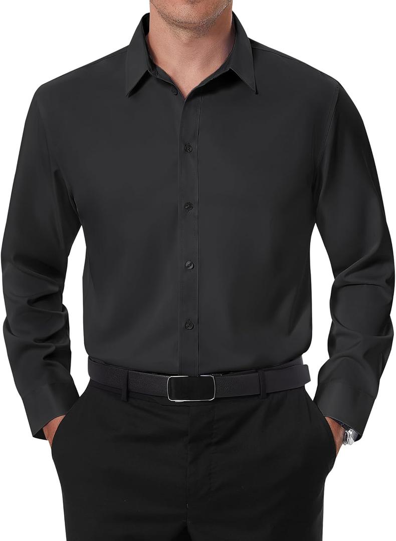 DEMEANOR Stain Shield Dress Shirts for Men Slim Fit Button Down Dress Shirts Long Sleeve Shirt Formal Business Stretch (Medium, Black)