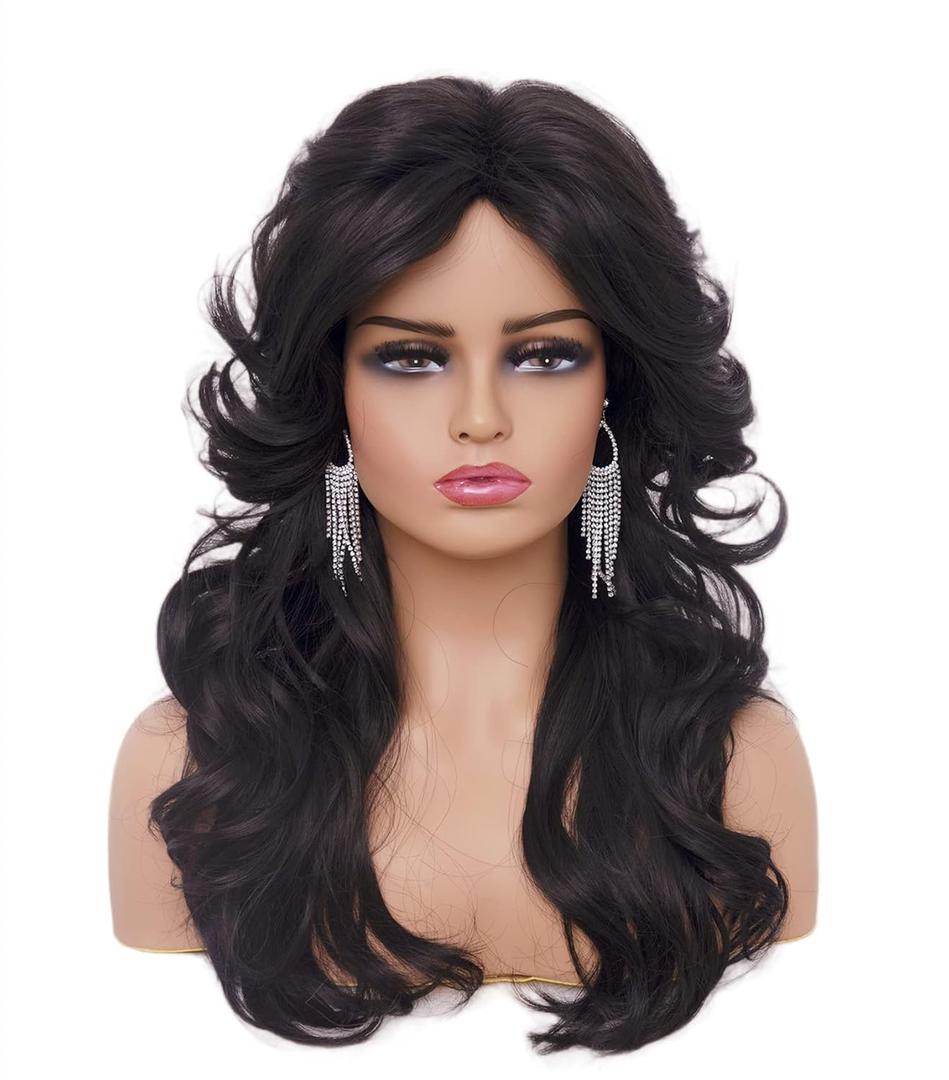 Rugelyss Vintage Wigs Natural Black Wig for Women Lady Layered Synthetic Full Wigs for 70s Cosplay Costume Disco Hair Wig