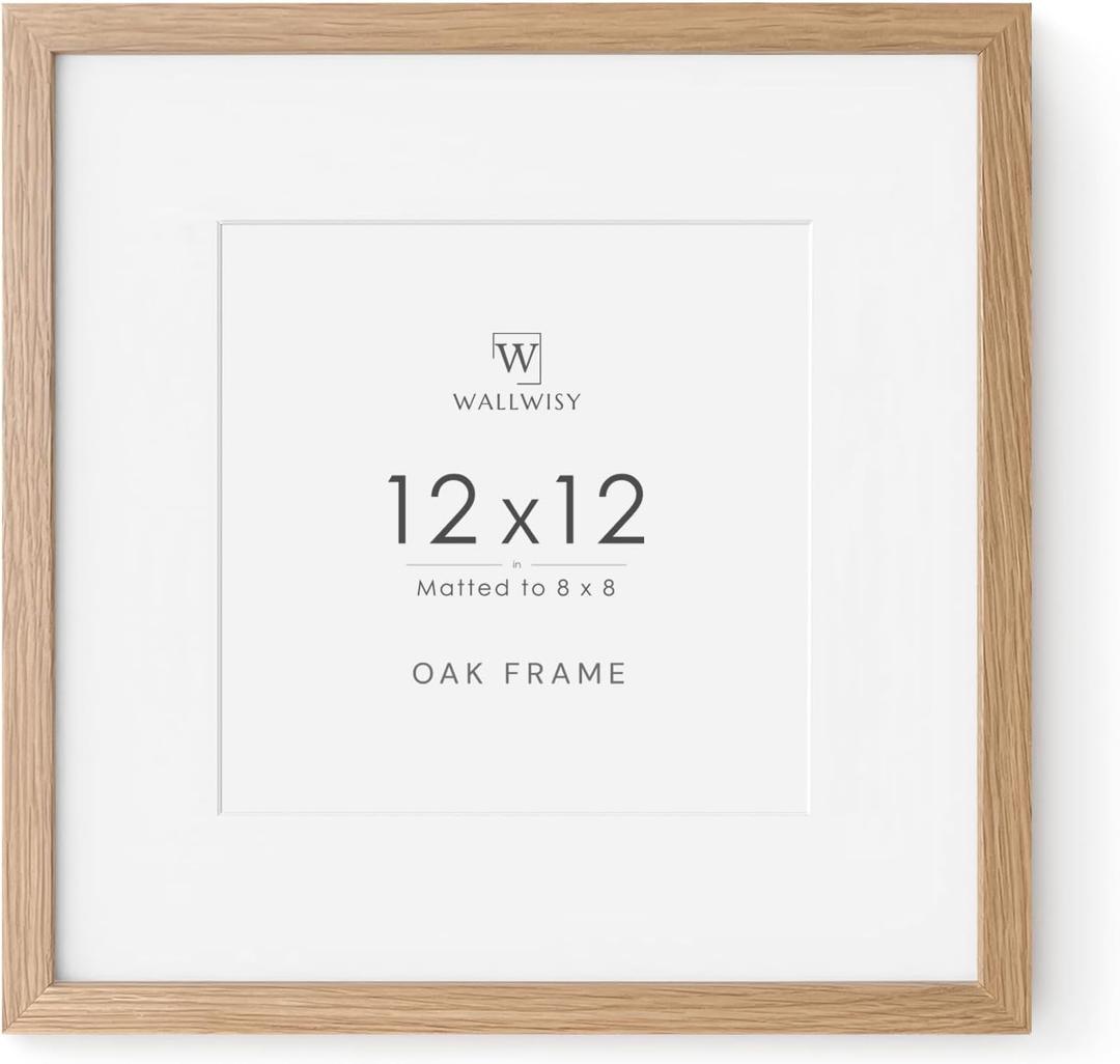 12x12 Oak Frame, Solid Wood 12x12 Picture Frame with Mat to 8x8, 12 x 12 Wooden Frames for Wall, Set of 1