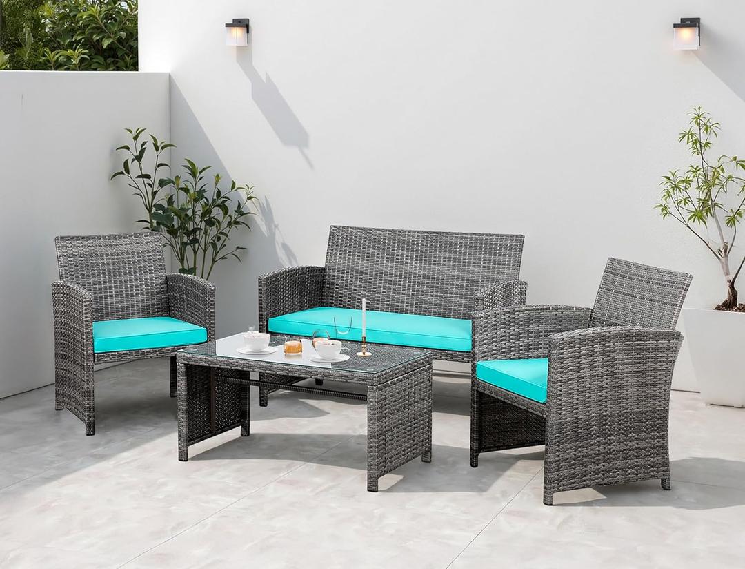 Shintenchi 4 Piece Patio Ratten Set Outdoor Furniture Set Wicker Conversation Set with Cushions and Tempered Glass Tabletop,Blue
