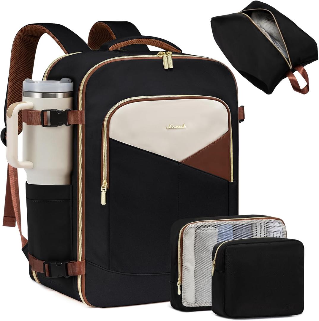 LOVEVOOK 50L Travel Backpack for Women&Men,TSA Carry on Backpack for Airplanes with 3 Packing Cubes,Personal Item Bag Fit 17" Laptop, Waterproof Essentials Airline Approved Luggage (Black-white-brown)