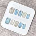 Square Press on Nails Short Fake Nails with 3D Gold Silvery Flowers Design Glitter Blue French False Nails Glossy Acrylic Glue on Nails Full Cover Spring Floral Stick on Nails for Women 30Pcs