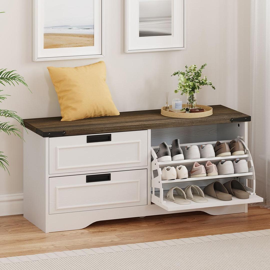 FATORRI Shoe Storage Bench, Entryway Bench with Flip Drawer, Wooden Entry Way Shoe Cabinet for Living Room Hallway (Walnut Brown+White Oak)