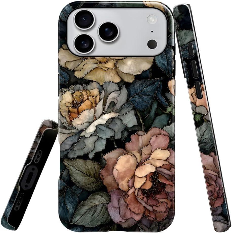 Compatible with iPhone 17 Pro Max Case,Glossy Case All-Round Protection Shockproof Anti-Scratches TPU Cover,Cases for Man Woman-Stained Glass Dark Vintage Floral