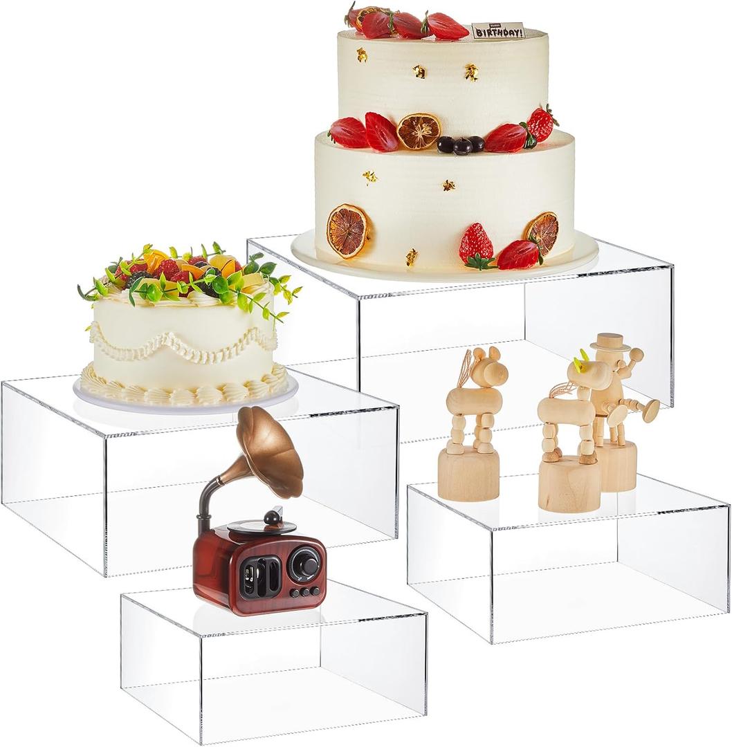 Geetery 4 Pcs Acrylic Cube Acrylic Display Box Pedestal Figure Display Shelf with Hollow Bottom Cube Stand Nesting Plastic Risers for Table(Clear)