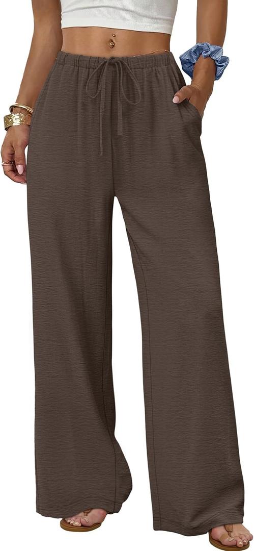 Sampeel Wide Leg Pants for Women Flowy Palazzo Drawstring Elastic Waist Trousers with Pockets Summer Beach Vacation Clothes, M