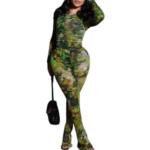 Uni Clau Women’s Sexy 2 Piece Set Floral Print See Through Mesh Long Sleeve Crew Neck Tops and Long Pants Sets Matching Set L