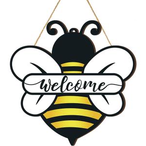 Shellwei Bee Door Sign 12 Inch Wooden Welcome Hanging Decor Bee Theme Decoration Wooden Hanger for Home Bathroom Indoor Outdoor Home Porch Holiday Hanging Decor