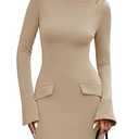 PRETTYGARDEN Womens Fall Long Sleeve Mini Dress 2025 Trendy Boat Neck Bodycon Knit Elegant Short Party Formal Dresses (Khaki, Small)