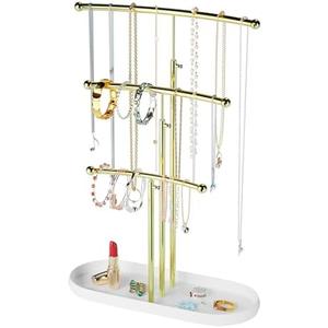 SZQINJI Jewelry Stand Organizer, Metal Jewelry Tree Holder 3-Tier Jewelry Storage Tower for Necklace Display, Bracelet Hanging Gold White Christmas Gift