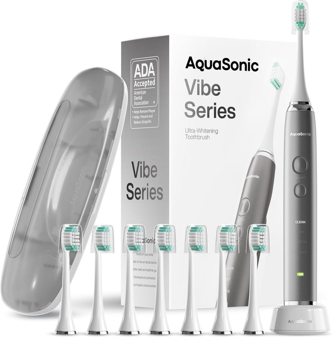 Aquasonic Vibe Series Ultra-Whitening Toothbrush  ADA Accepted Electric Toothbrush - 8 Brush Heads & Travel Case  40,000 VPM Motor & Wireless Charging - 4 Modes w Smart Timer  Charcoal Metallic