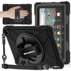 BRAECNstock for Amazon Fire HD 8 Tablet Case (12th Generation, 2024/2022) 8", Shockproof Protective Kids Case with [Rotating Hand Strap+Stand], Pen Holder, Shoulder Strap, Black (01 Black (Without Screen Protector))