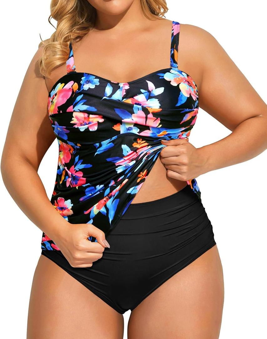 Aqua Eve Women Two Piece Plus Size Tankini Strapless Bathing Suits Bandeau Swimsuits with High Waisted Bottom (Colorful Floral) 22W