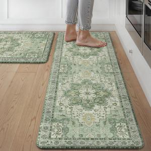 GENIMO Kitchen Mats for Floor 2PCs, Washable Anti Fatigue Mat for Cushioned, 17.3"x47"+17.3"x30", Waterproof Kitchen Rugs, Non Slip Comfort Standing Mat Rug for Home, Sink, Laundry, Light Green