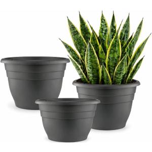 RooTrimmer 3 Pack 11 Inch Plant Pots with Drainage Hole and Plug,Plastic Flower Pots for Indoor & Outdoor Plants,Lightweight Plant Pots Perfect for Herbs,Flowers & Succulents(Gray)