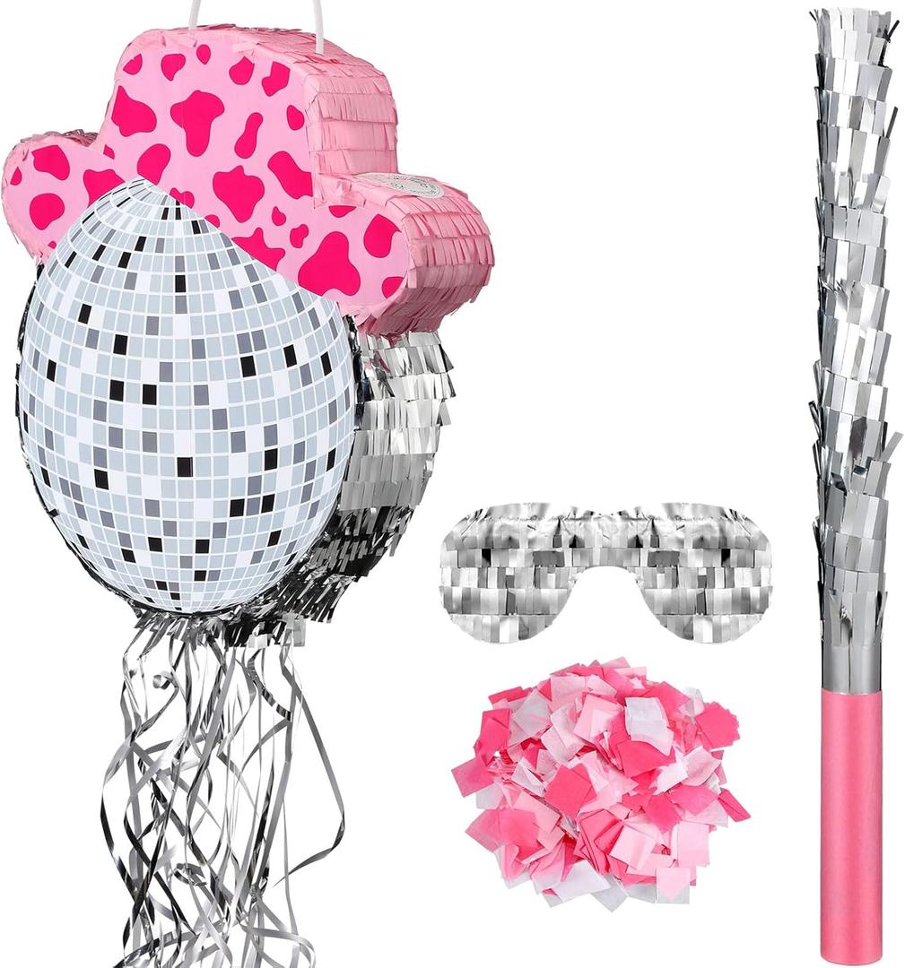 Sratte Disco Ball Piata Cute Hat Disco Ball Party Supplies Piata with Blindfold and Bat Theme Decorations for Birthday Fiesta Party Supplies (12.8 x 13.78 Inch)