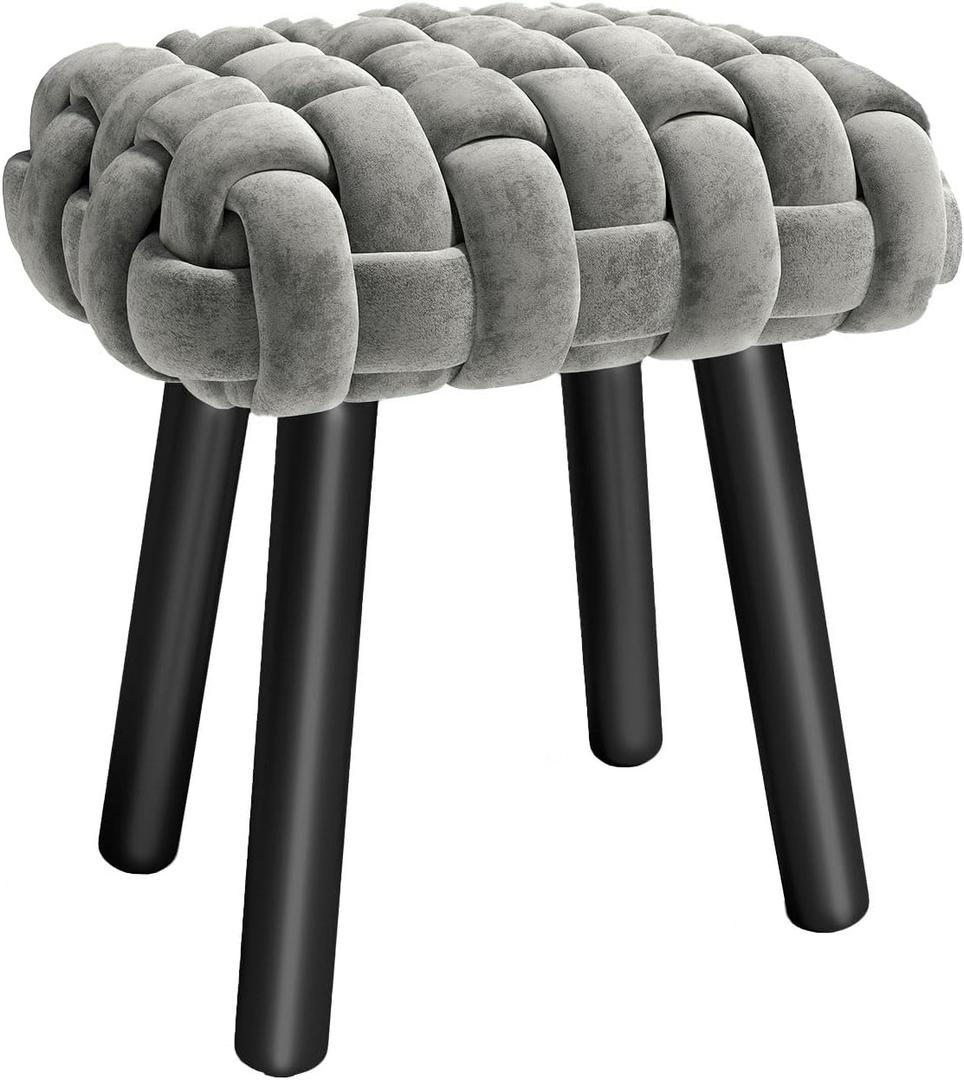 Vanity Stool, Woven Seat with Solid Wood Legs for Vanity Makeup and Footrest,Easy Installation,Loads 440 lbs (Gray) (Grey)