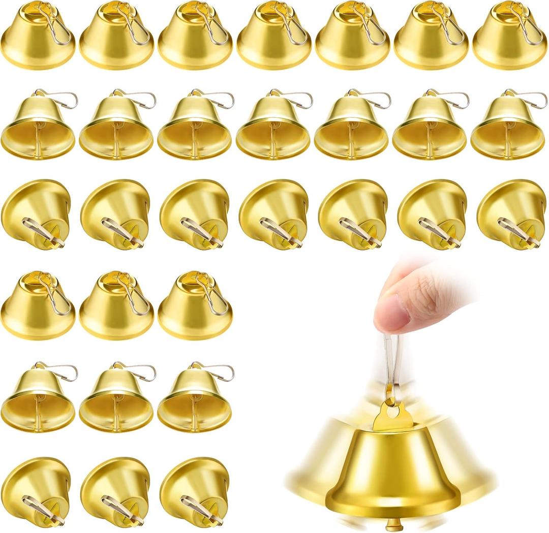 30 Pieces Craft Bells Small Brass Bells for Crafts Mini Vintage Bells with Spring Hooks Tiny for Hanging Wind Chimes Making Dog Training Doorbell Wedding Decor, 1.65 x 1.5 Inch(Gold)