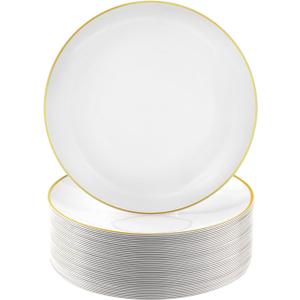 100 PCS Gold and White Plastic Plates, 7 inch White Disposable Plates for Party, Plastic Dessert/Salad Plates