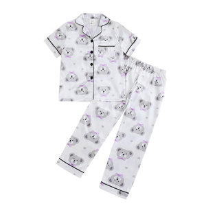 MyFav Girls Pajama Set Silk Button Down Satin Girls PJS Kids Sleepwear Short Sleeve Long Pants,White Bear,12Y