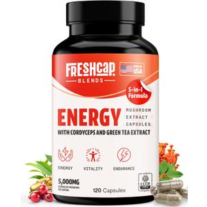 FreshCap 5-in-1 Energy Supplements, Energy Supplements for Women and Men, Energy Boosters for Fatigue, Energy Support, Cordyceps Extract, Ayurveda Cordyceps Mushroom Blend Capsules (120 Capsules), Best By 07/2025