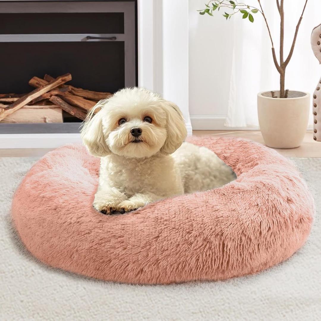 JOLLYVOGUE Calming Small Dog & Cat Bed for Indoor Cats - 20 inches Washable Donut Bed for Kittens & Puppies, Anti-Anxiety Round Fluffy Plush Pet Beds (Fits up to 15 lbs, Peach Pink)
