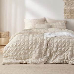 Bedsure Bed in a Bag Twin - 5 Pieces Plaid Seersucker Bedding Comforter Sets, Soft Lightweight Beige Boho Bed Set with Comforters Twin Size, Sheets, Pillowcase & Sham