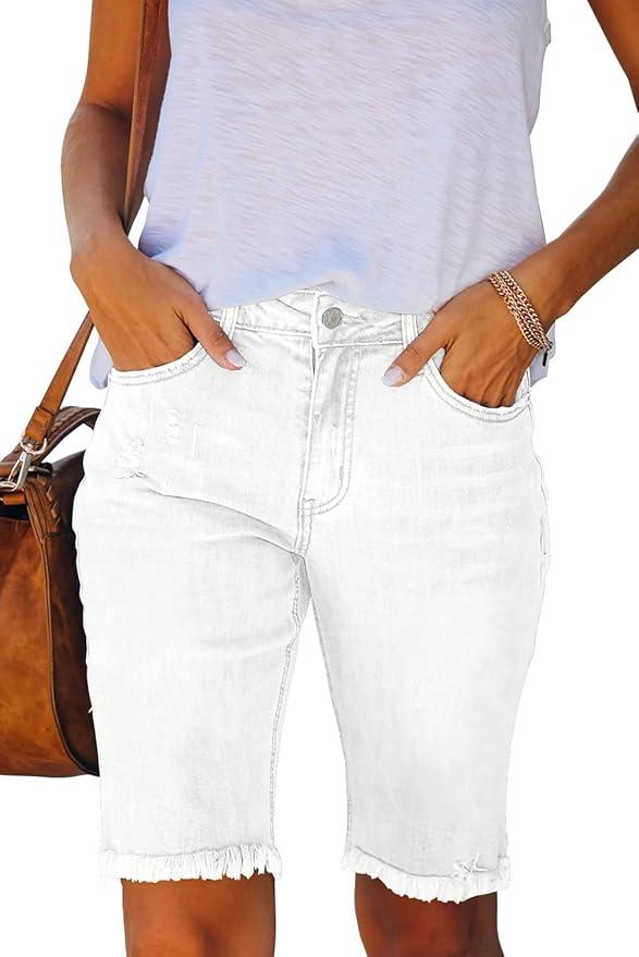 Necooer Women Jean Shorts Ripped Casual Summer Mid Waist Stretchy Five Points Denim Jean Shorts, S