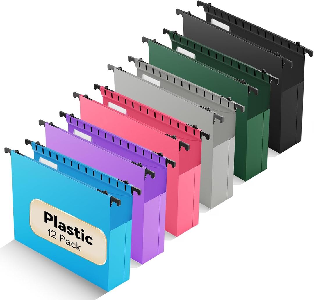 Plastic Extra Capacity Hanging File Folder,12 Pack Expanding Hanging File Folders Letter Size, Heavy Duty Folders 2 Inch Expansion, Reinforced Hanging Folders Designed for Bulky Files(Colorful) (Multicolor)