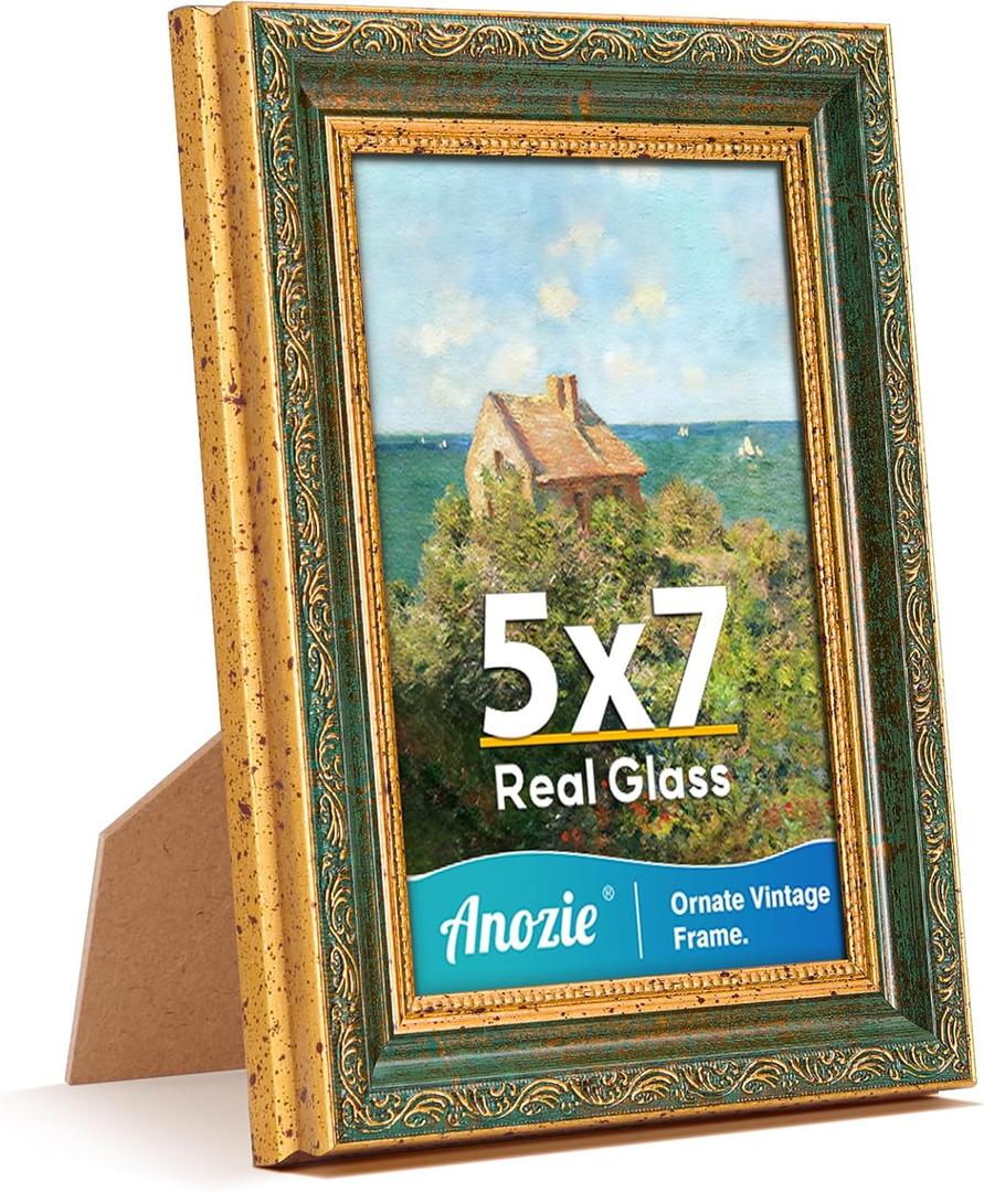 Anozie Vintage 5x7 Picture Frames,Antique Gold Photo Frames with Real Glass Front,Ornate Picture Frames Display for Wall or Tabletop Dcor,1 Pack,Green