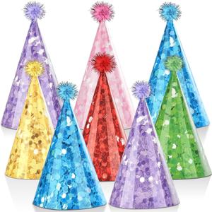 24PCS Glitter Cone Hats Colorful Birthday Party Hat with Pompoms Glitter Cone Paper Hat Colorful Paper Headwear for Kids and Adults Celebration Birthday Baby Shower Bridal Shower Decoration 7.8 x 5