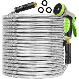 Metal Garden Hose 50ft Flexible Stainless Steel Water Hose Heavy Duty Lightweight Strong Durable Kink Free Long Hose Pipe with 10 Function Nozzle for Outdoor Yard