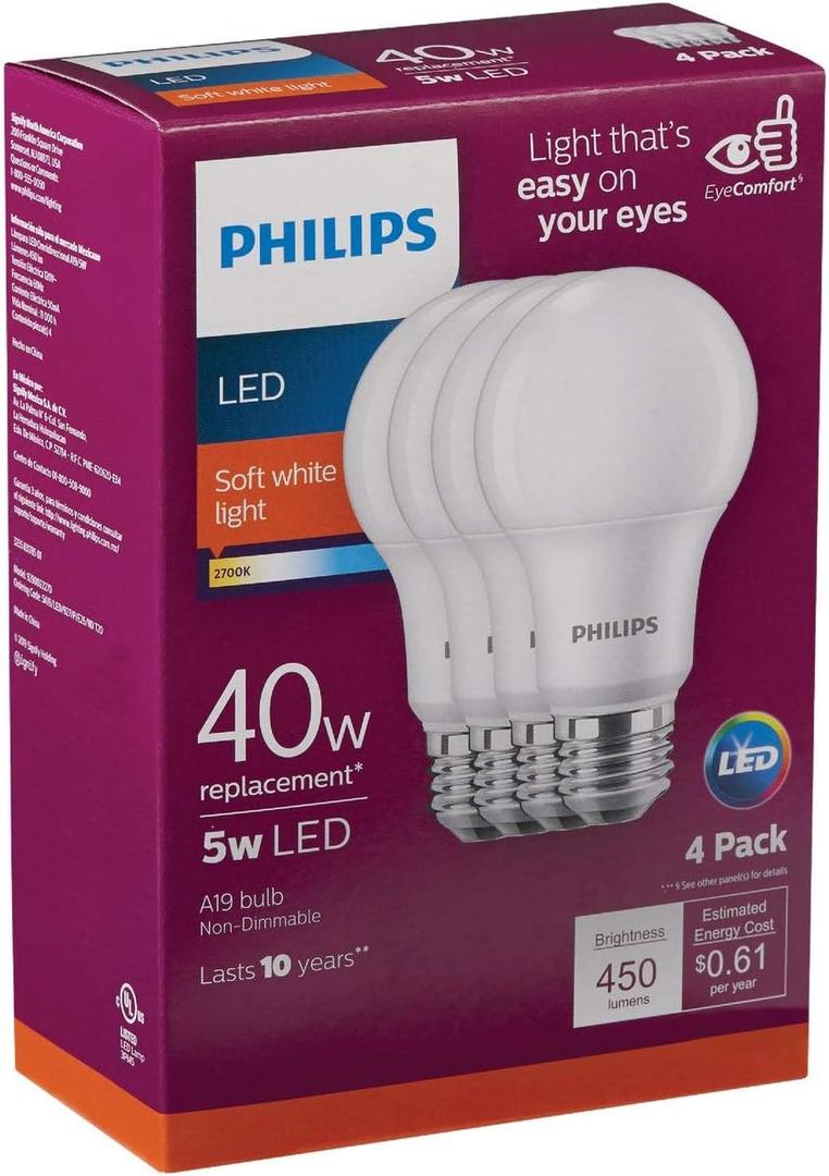 Philips 40W LED A19 2700K - Pack of 4