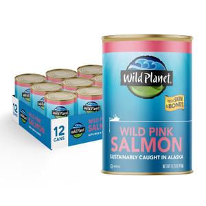 Wild Planet Wild Pink Salmon With Skin and Bones, Tinned Fish, Canned Salmon, Sustainably Wild-Caught, Non-GMO, Kosher, Gluten Free, Keto and Paleo, 14.75 Ounce (Pack of 12) (BB: 12/31/2027)