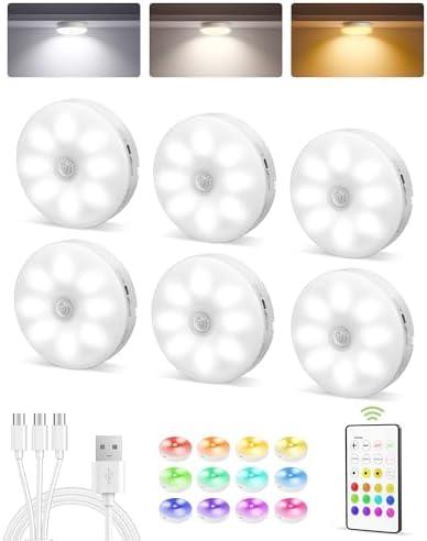 EZVALO 6-Pack Under Cabinet Lighting, Rechargeable Motion Sensor Puck Lights with Remote, 3 Color Temps &12 RGB Colors, Magnetic Stick on Light, Dimmable Under Counter Lights for Kitchen, Shelf, Stair 