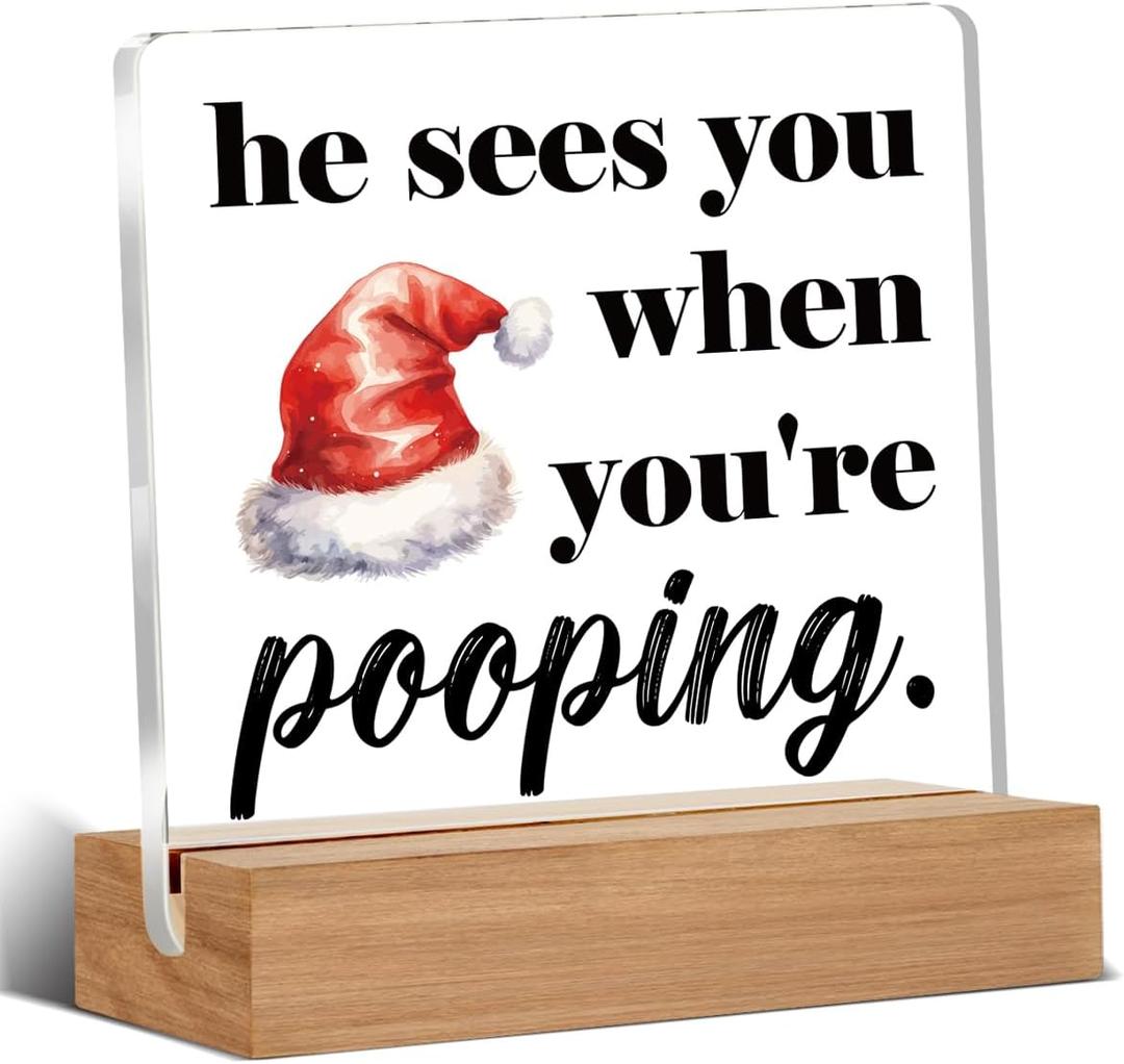 2 x He Sees You When You're Pooping Sign, Funny Christmas Bathroom Decor, Friends Coworkers Gifts for Christmas, Home Bathroom Decorations 4 x 4 Inches