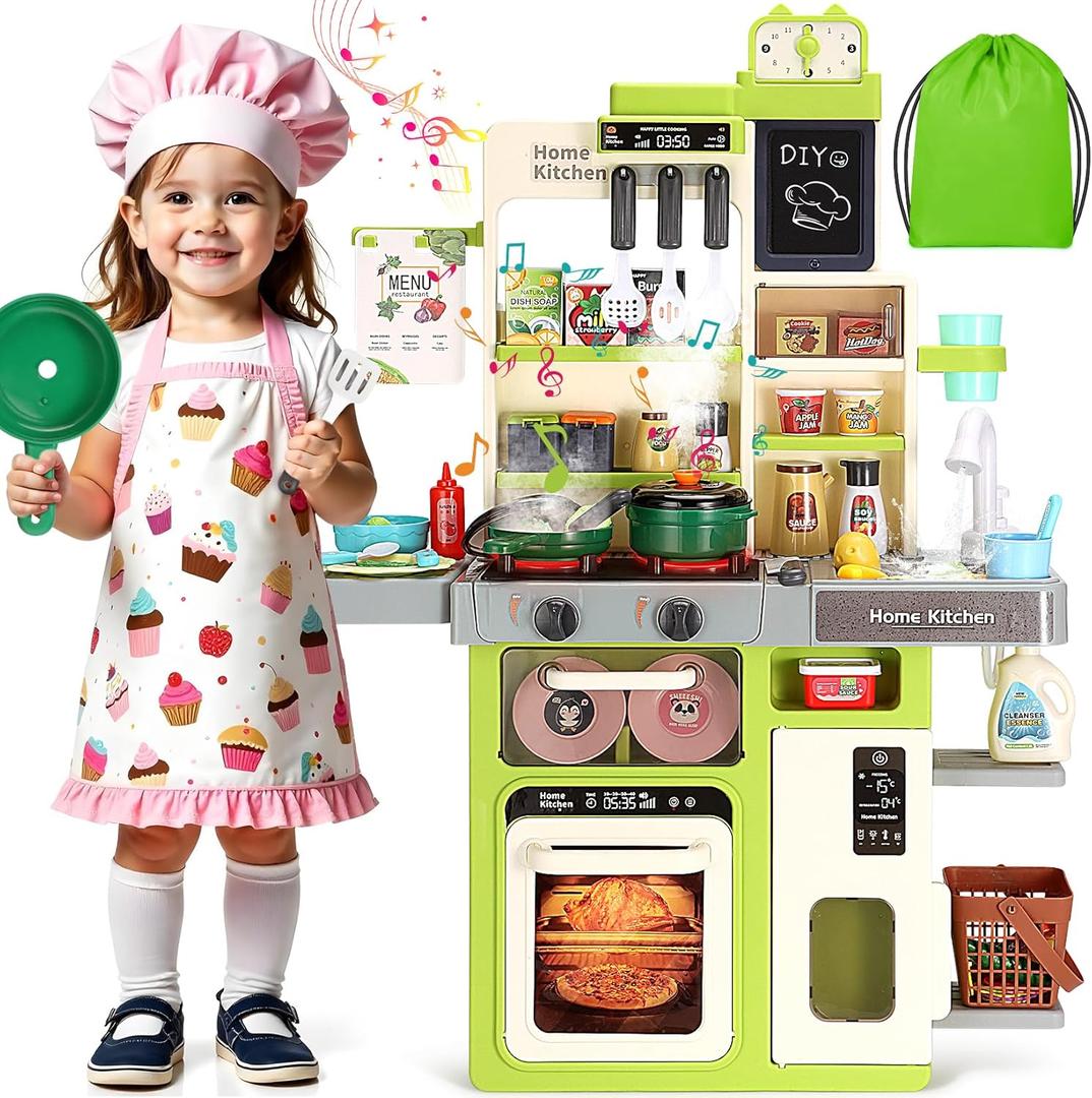 Kids Kitchen Playset, Easface Play Kitchen for Toddlers 1-3 with Sound and Light, Cooking Stove with Steam, Play Sink and Toy Kitchen Accessories Pretend Kitchen Toys for Girls Boys 3-5 (Green)