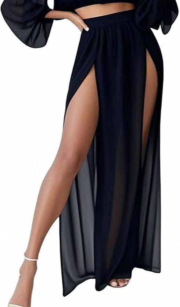 Mluiov Women's Sheer Mesh Ruffle Double Slit Skirt Asymmetrical Rave Festival Outfits Beach Flowy Bathing Suit Cover Up Black Size M