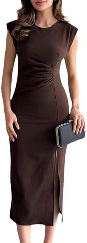 Women's Sexy Ruched Bodycon Midi Dresses Elegant Sleeveless Round Neck Split Party Dress, Small