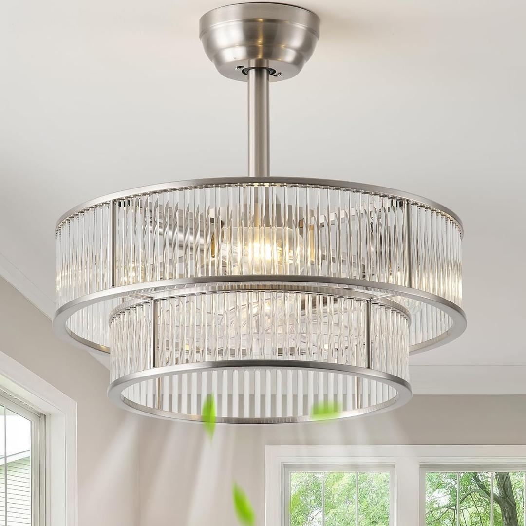 20" Silver Crystal Chandelier Ceiling Fan, Silver Caged Fandelier Ceiling Fan with Light, Modern Crystal Style 6-Speed Chandelier for Bedroom, Living Room, Nursery, Foyer.